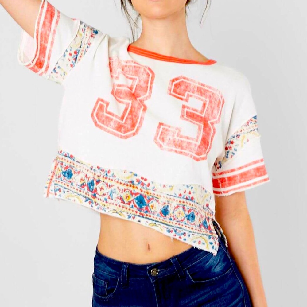 Free People White and Orange Short Sleeve Tee